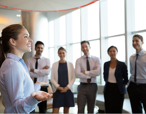 Professional woman offering expert guidance to a diverse team in a modern office.