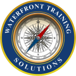 Waterfront Training Solutions logo, featuring a nautical compass rose in the center of a blue and gold circular emblem.