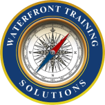 Waterfront Training Solutions logo, featuring a nautical compass rose in the center of a blue and gold circular emblem.