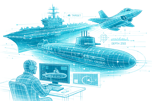 Digital wireframe simulation for Waterfront Training Solutions, showing an operator, submarine, aircraft carrier, and jet.