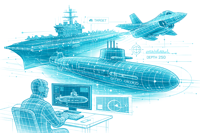 Digital wireframe simulation for Waterfront Training Solutions, showing an operator, submarine, aircraft carrier, and jet.