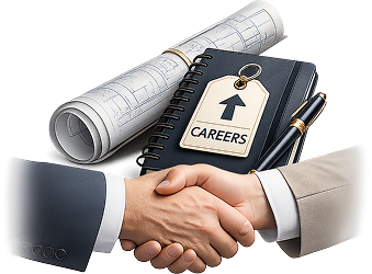 A professional handshake in front of blueprints, representing career opportunities for veteran operators.