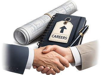A professional handshake in front of blueprints, representing career opportunities for veteran operators.