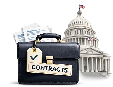 Government contracts for veteran operators, symbolized by a briefcase in front of the U.S. Capitol building.