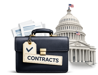 Government contracts for veteran operators, symbolized by a briefcase in front of the U.S. Capitol building.