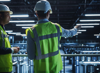 Two IT engineers in hard hats and vests overlook rows of server racks in a large data center, with one pointing forward.