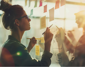 A professional woman in glasses plans a project, writing on a transparent board with sticky notes in a sunlit office.