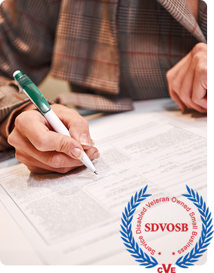 Hand completing documents, alongside SDVOSB logo, vital for mission readiness.