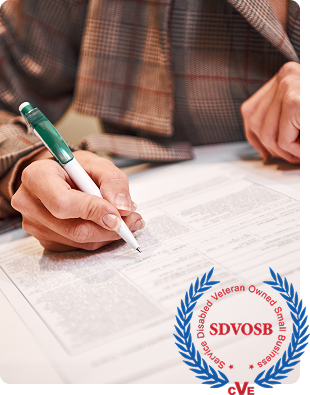 Hand completing documents, alongside SDVOSB logo, vital for mission readiness.