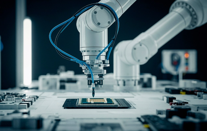 Automated robotic arm places a microchip, symbolizing the technological advancements affecting the officer workforce.