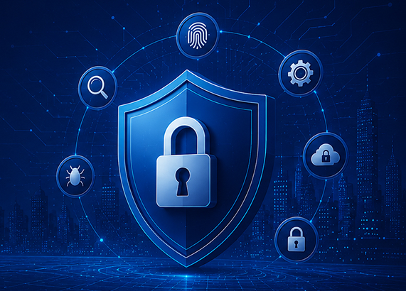 Digital security shield and padlock with cyber threat icons for robust mission readiness.