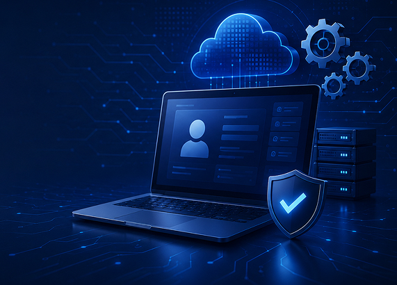Secure digital ecosystem for mission readiness, with laptop, cloud storage, servers, and protection.