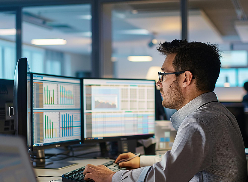 Man analyzing data charts on dual monitors, focused on his career track.