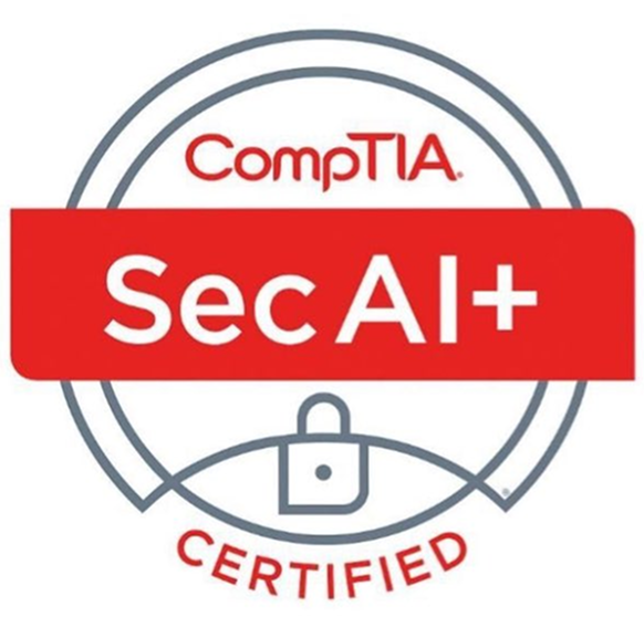 Official CompTIA SecAI+ certification badge for cybersecurity professionals.