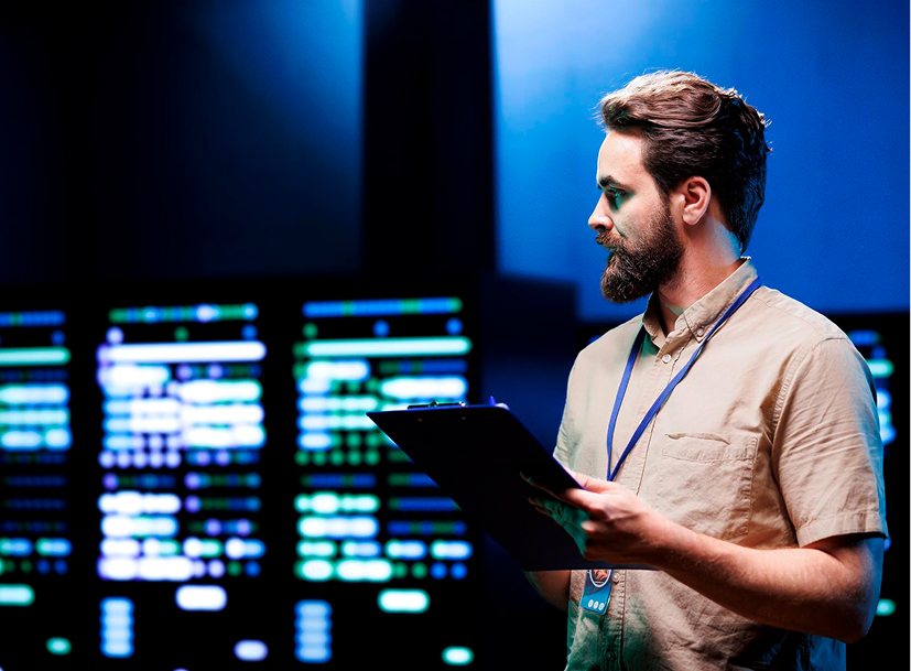 Cyber Security Track expert monitoring network data on glowing screens with a clipboard.